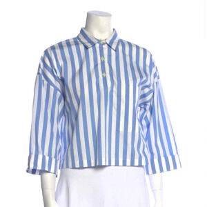 Kule the Keaton stripe  3/4 sleeve cropped shirt in white and sky